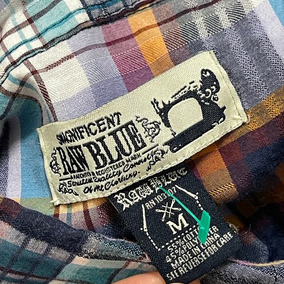 Raw Blue Button Up Shirt Men Size M Blue Purple Short Sleeves Cotton Blend Y2K - Picture 4 of 6